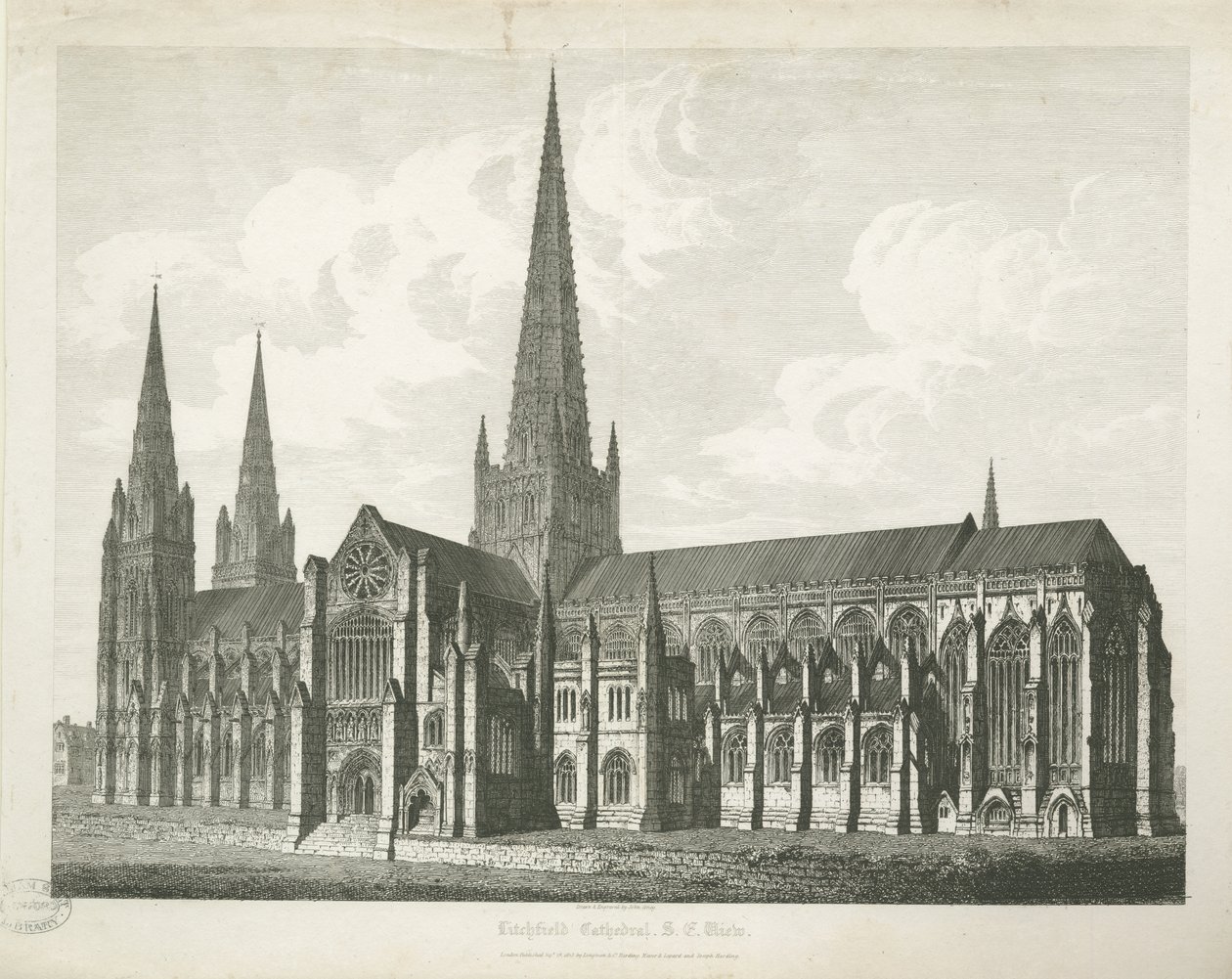 Lichfield katedrális – Délkeleti nézet: metszet, nd [c 1823] (nyomtatás) alkotó: John Coney