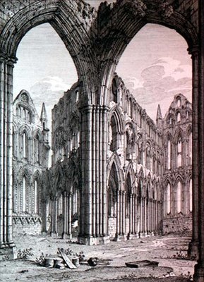 Whitby Abbey, Yorkshire, illusztráció J. D. Harding „Views of English Abbeys and Cathedrals” című művéből, 1815 körül (rézkarc) alkotó: John Coney