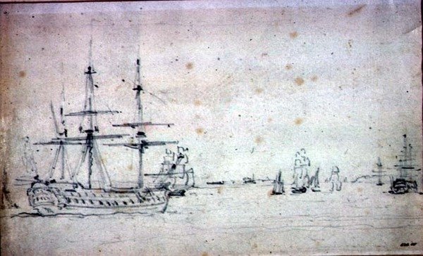 Horgonyzó hajó és egyéb hajózás a Temzében (grafit papíron) alkotó: John Constable