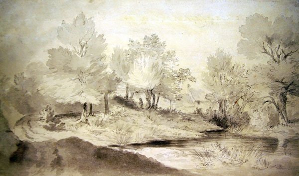 A Suffolk tó, a távolban házakkal (ceruza és mosás, papír) alkotó: John Constable