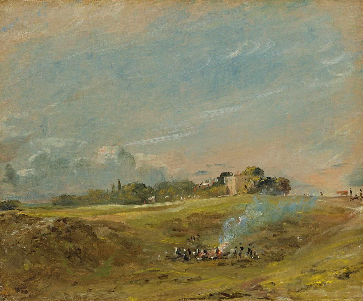 Hampstead Heath kilátása, figurákkal a máglya körül alkotó: John Constable