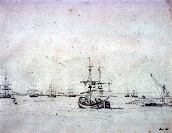 Horgonyzó brigg és más hajók a Temzén (grafit, papír) alkotó: John Constable