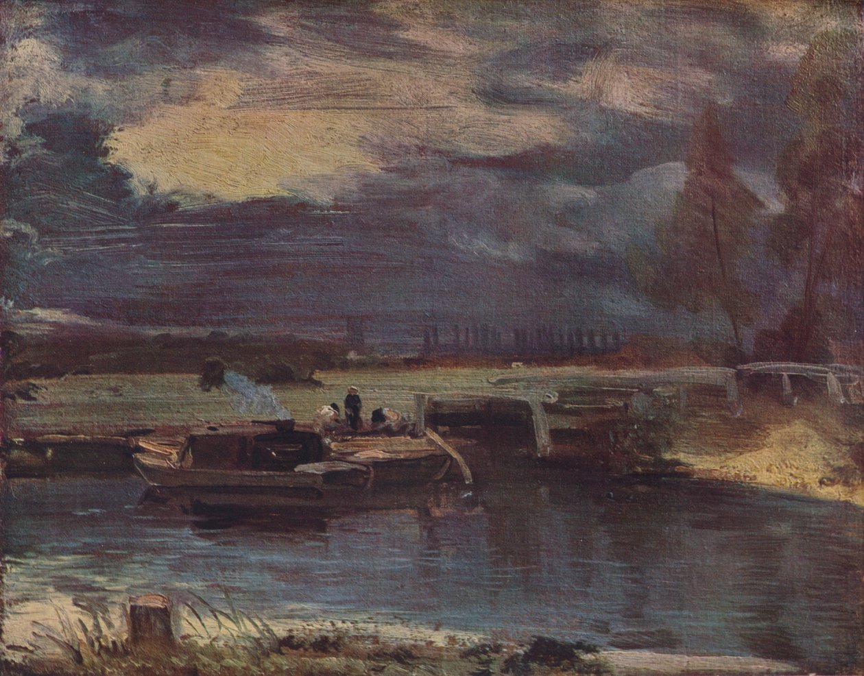 Bárkák a Stouron, Dedham templommal a távolban, 1811 alkotó: John Constable