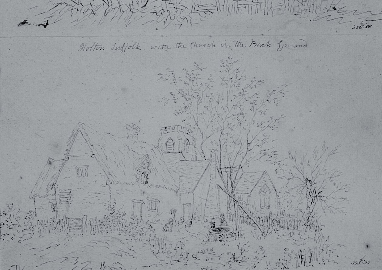 Ház Holtonban a templommal a háttérben (toll és tinta papíron) alkotó: John Constable