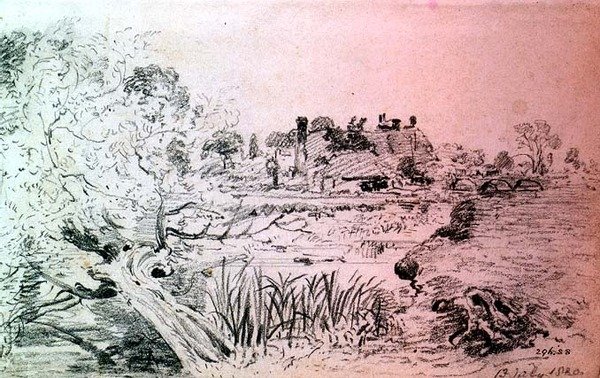 Tanyasi épületek és híd Salisbury közelében (ceruza) alkotó: John Constable