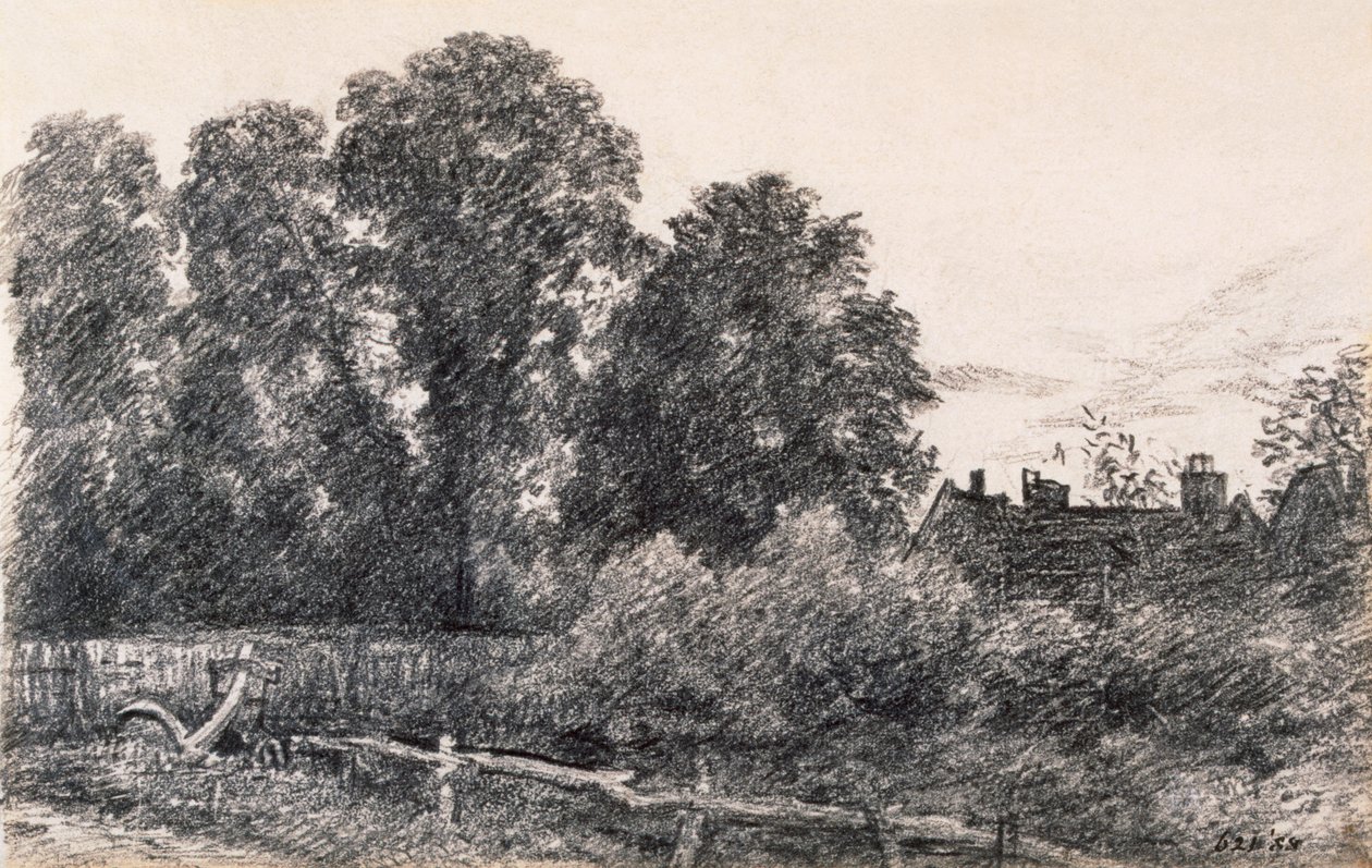 Táj szilfákkal és házzal (grafit papíron) alkotó: John Constable