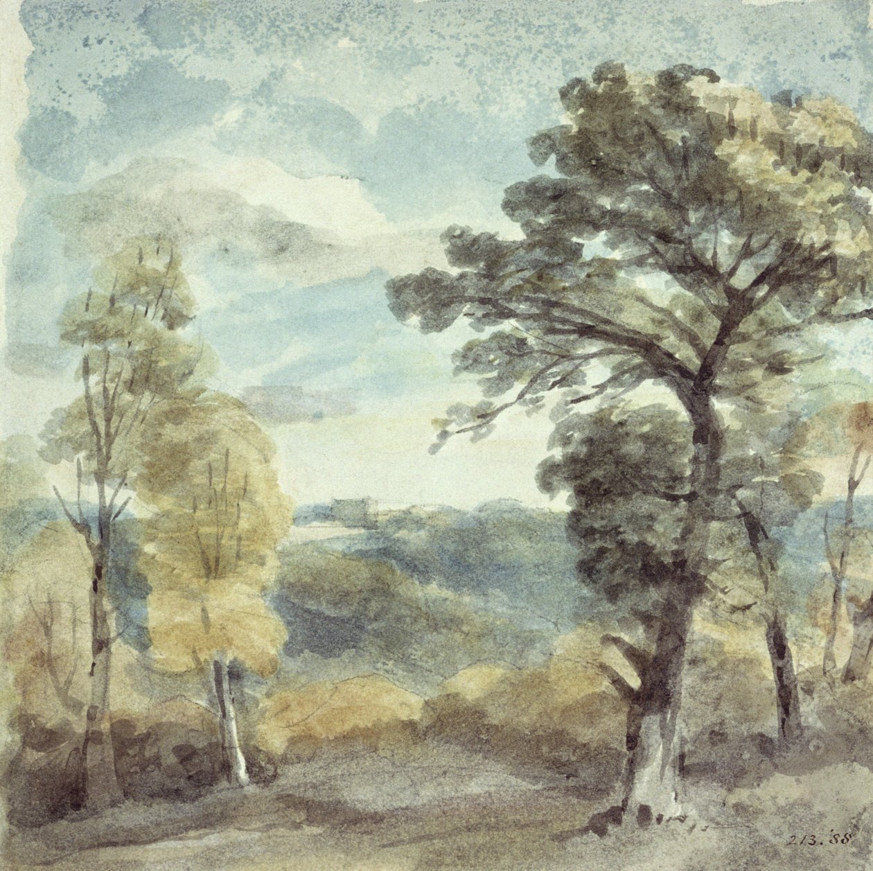 Tájkép fákkal és egy távoli kúriával (akvarell) alkotó: John Constable