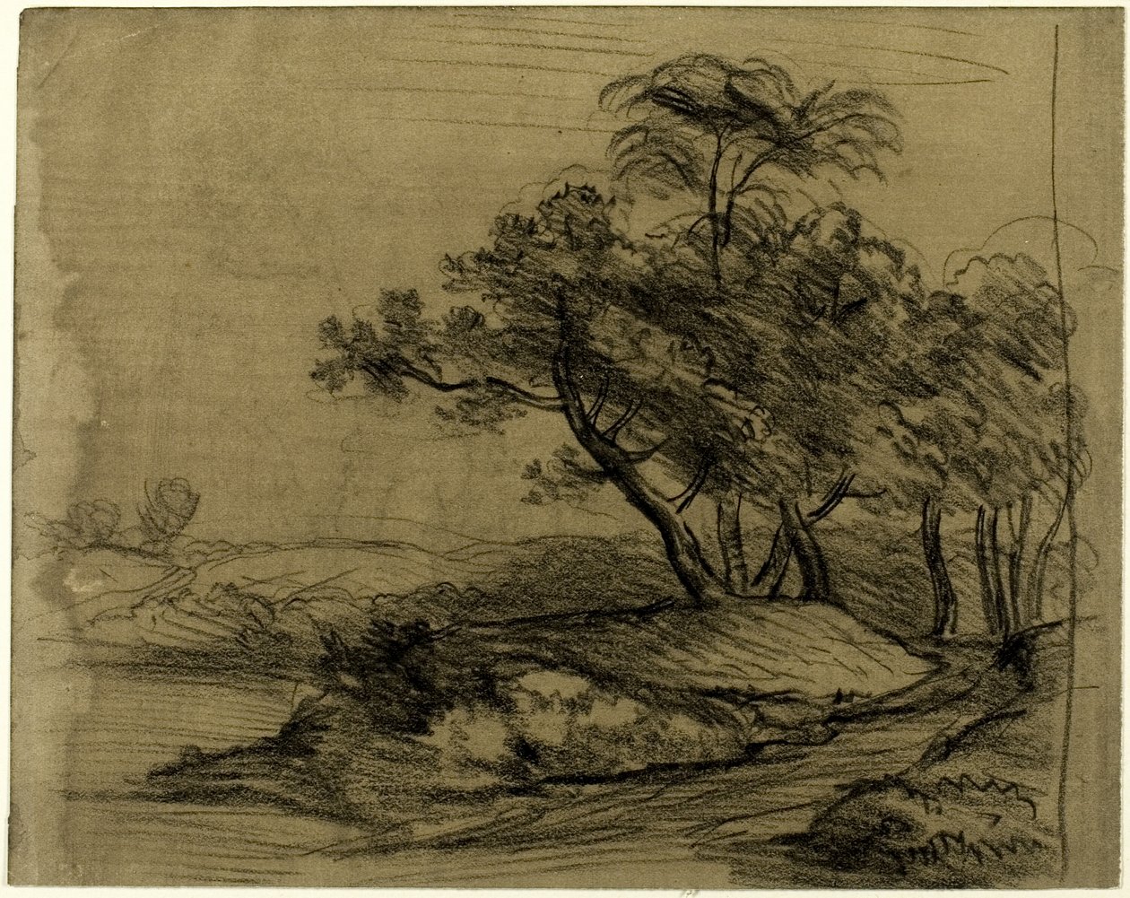 Folyópart fákkal (recto); szarvasmarhacsorda a fák alatt, tájképi vázlattal (verso) alkotó: John Constable