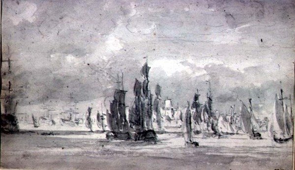 Szállítás felhős ég alatt a Temzében (grafit papíron) alkotó: John Constable