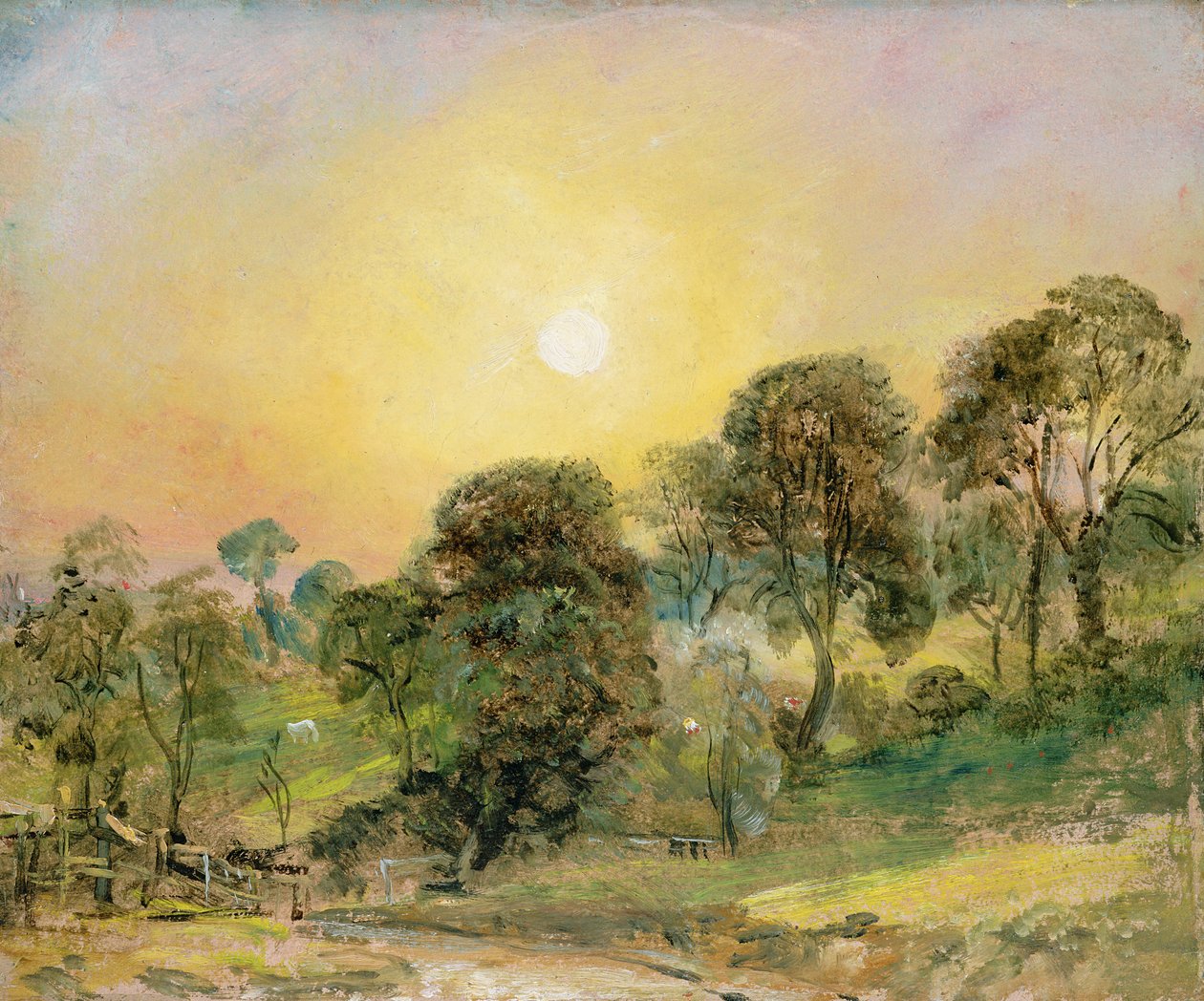 Fák Hampstead Heath-en naplementében (olaj, papír) alkotó: John Constable
