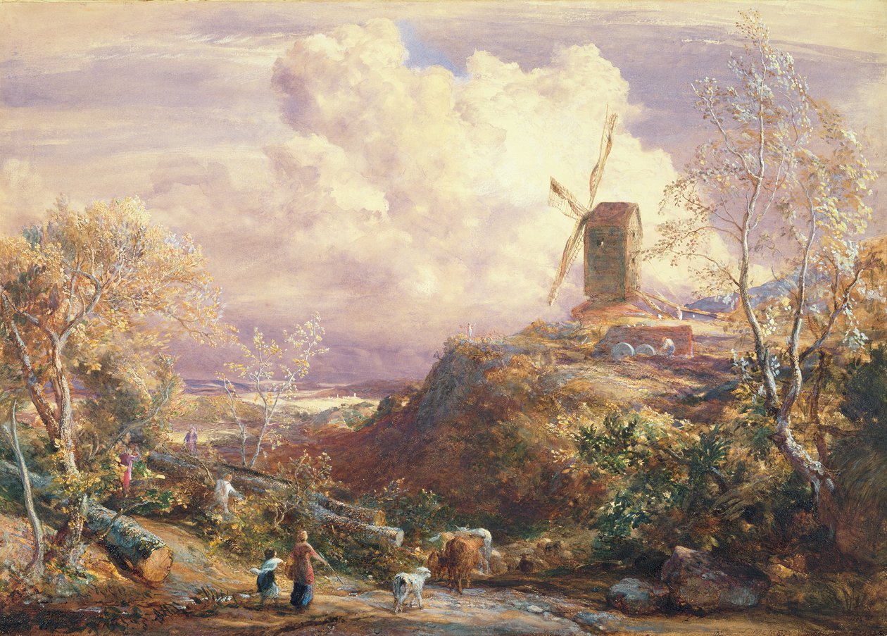 Szélmalom egy dombon szarvasmarha kocsisokkal alkotó: John Constable