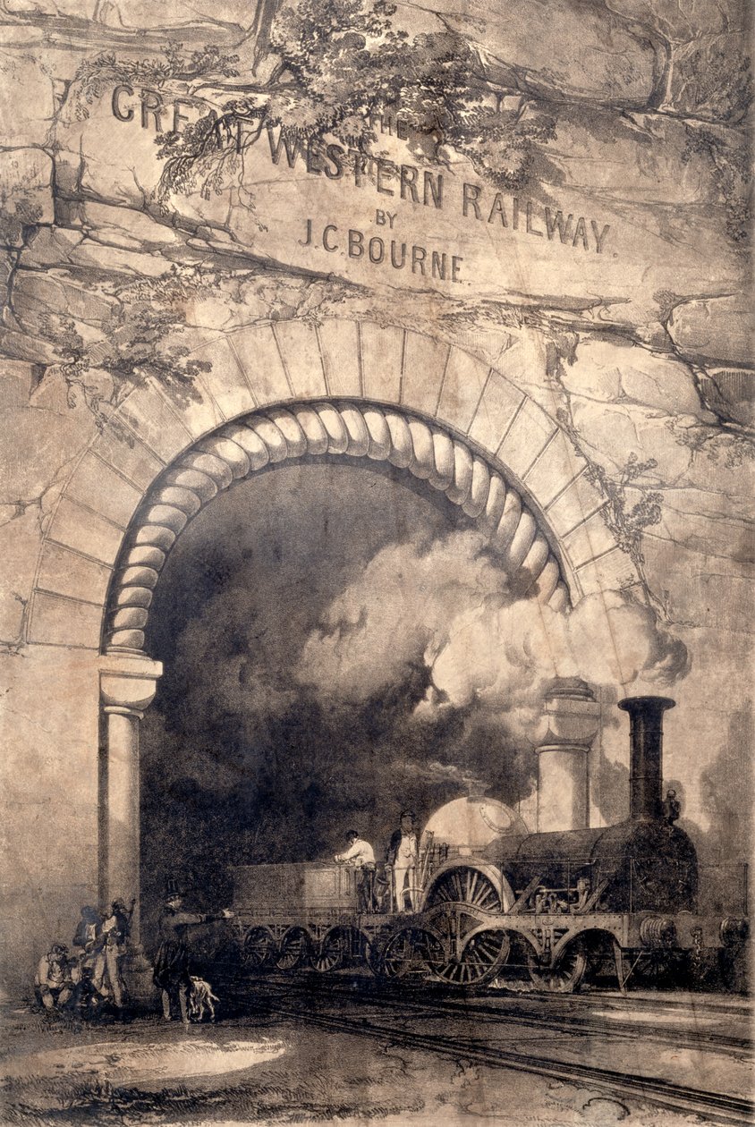 Acheron 2-2-2 mozdony, amely egy alagútból emelkedik ki Bristol közelében, a The History and Description of the Great Western Railway előlapja, 1846 alkotó: John Cooke Bourne