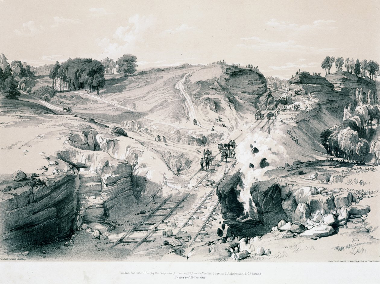 Kövek robbantása, Linsdale, Buckinghamshire, 1830-as évek (toll és tinta, valamint papírra mosás) alkotó: John Cooke Bourne
