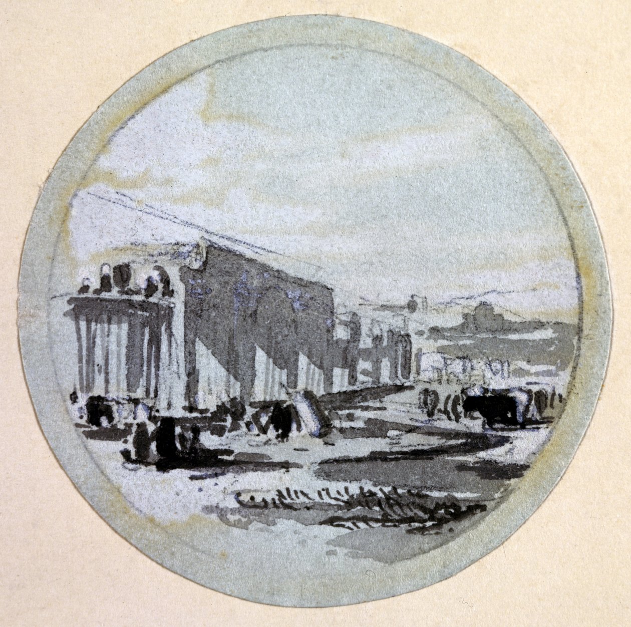 Épület, London & Birmingham Railway, 1838 körül (toll, tinta és mosás papíron) alkotó: John Cooke Bourne