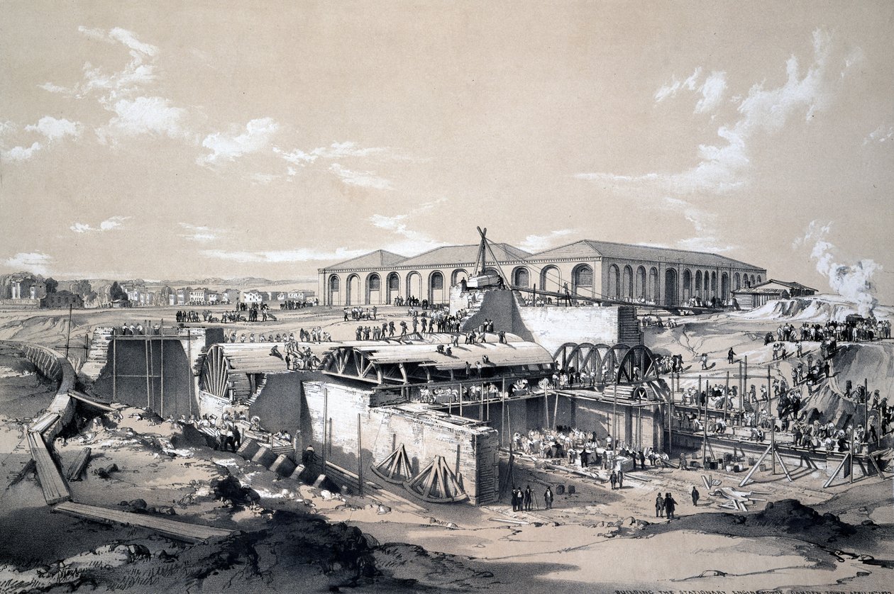 A helyhez kötött gépház építése, Camden Town, 1837. április 26. (toll és tinta, valamint papírra mosás) alkotó: John Cooke Bourne