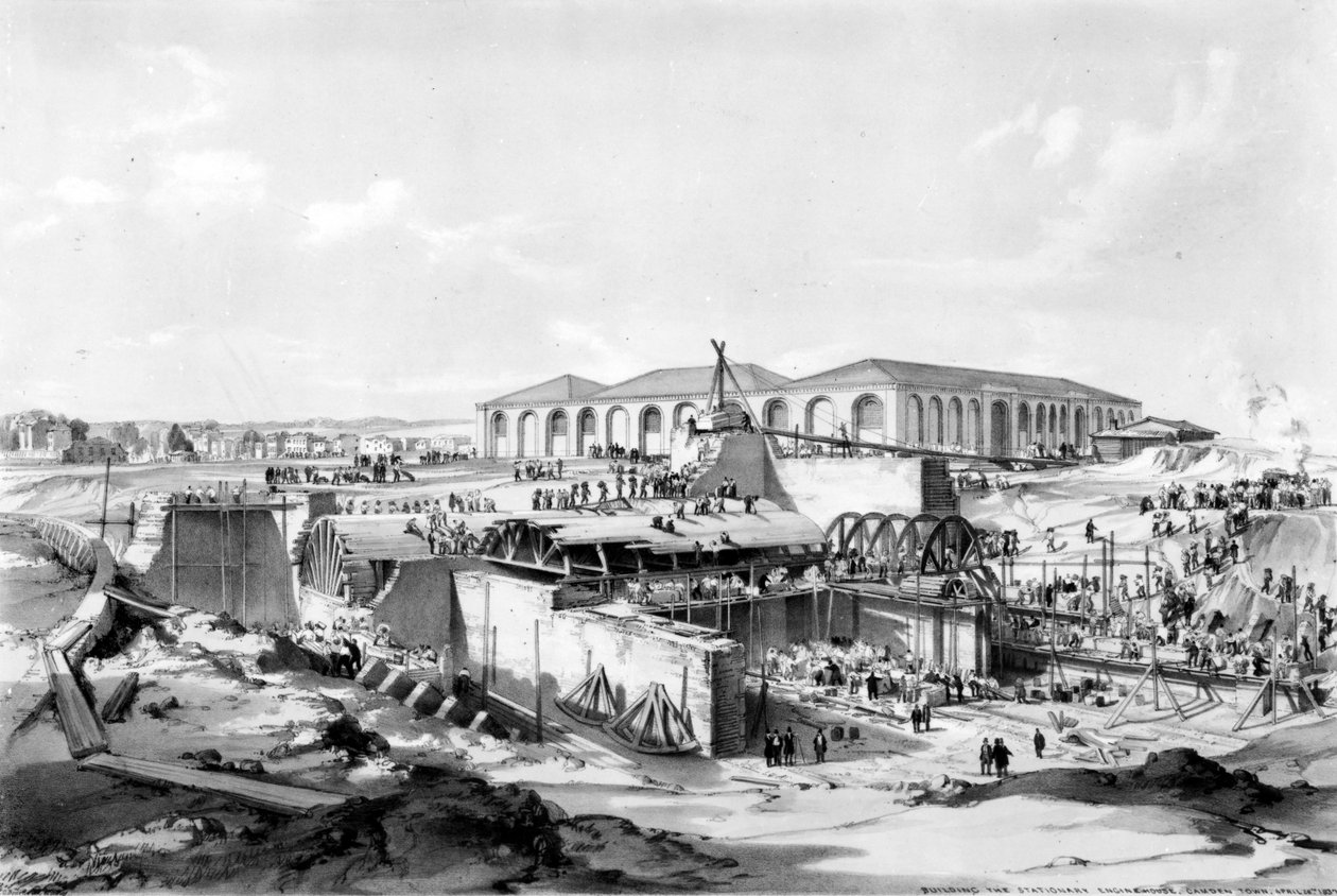 Állógépház építése, Camden Town, 1837. április 26. (toll, tinta és mosás papíron) alkotó: John Cooke Bourne