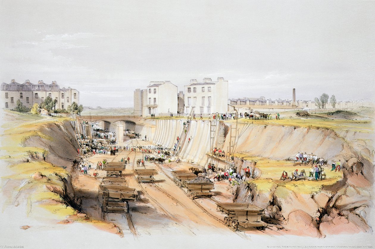 Támfal építése a Park Street közelében, Camden Town, London, 1836. szeptember 17. 1838 alkotó: John Cooke Bourne