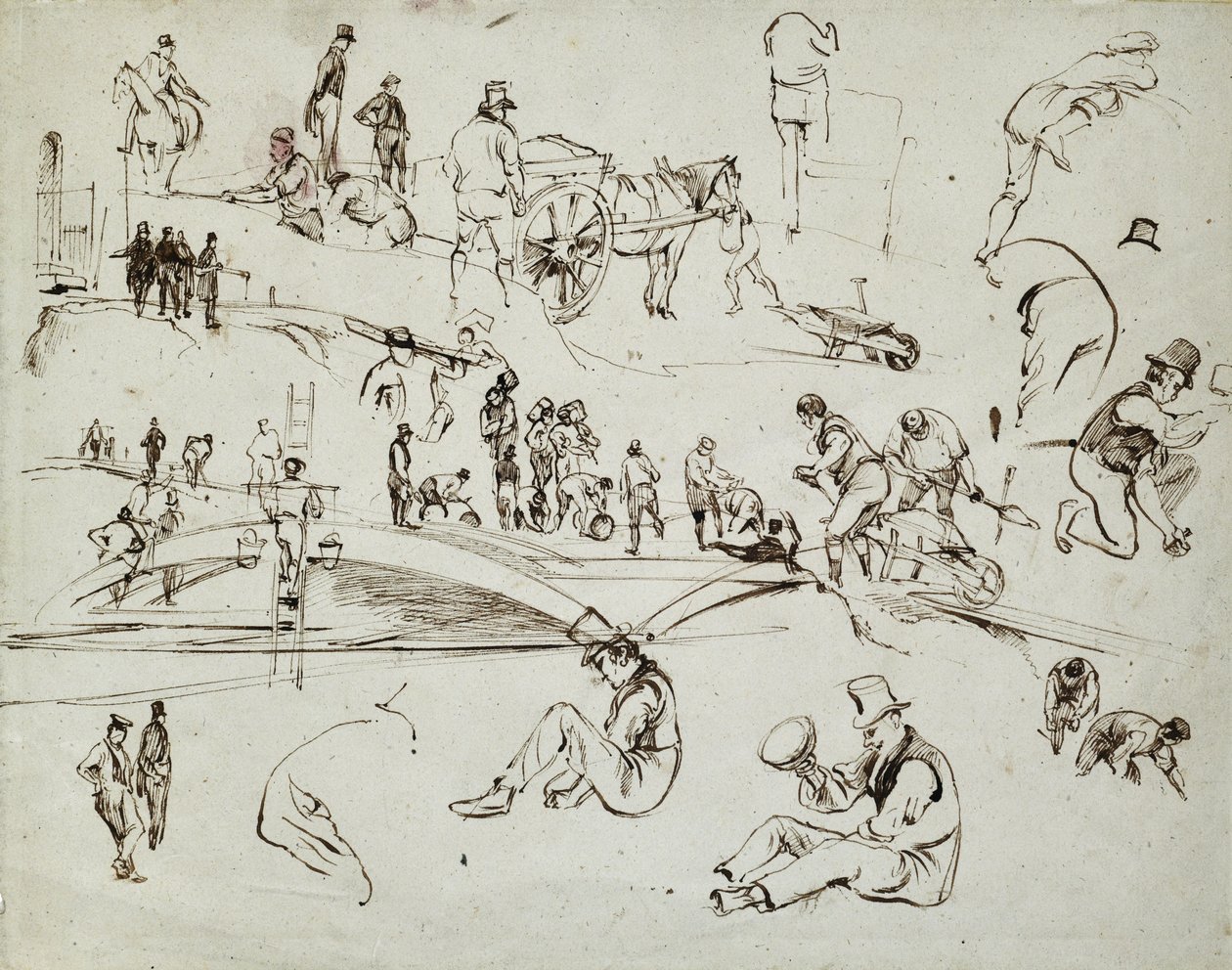 A londoni és birminghami vasút építése, 1835 körül (barna tinta papíron; összetett vázlat) alkotó: John Cooke Bourne