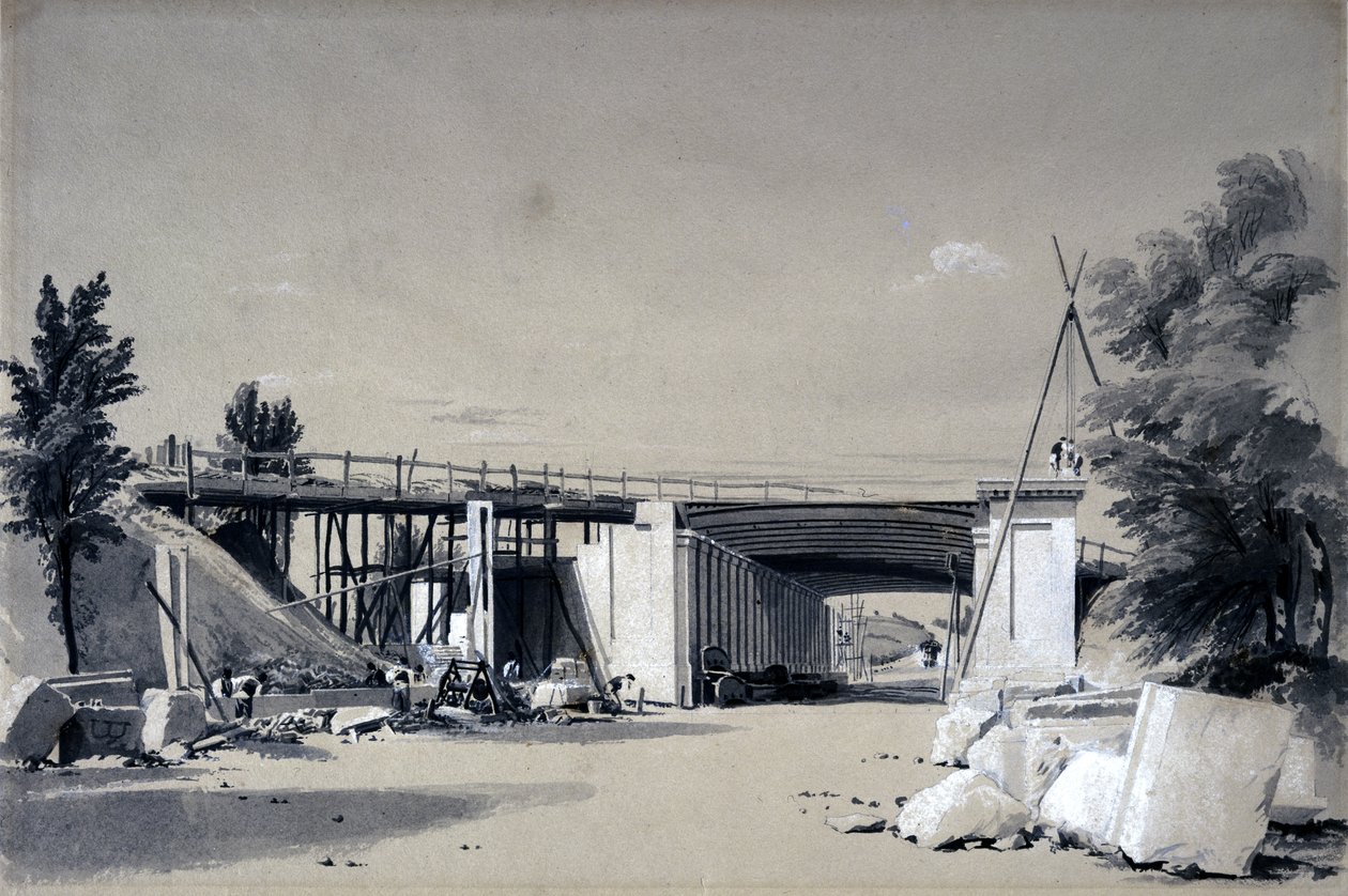 Denbigh Hall híd az útról, 1837. június 25. (toll, tinta és mosás papíron) alkotó: John Cooke Bourne