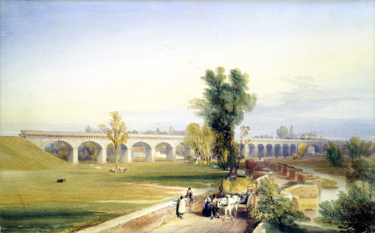 Dutch River Bridge, Hull and Doncaster Branch, North Eastern Railway, 1847 (toll, tinta és WC papíron) alkotó: John Cooke Bourne