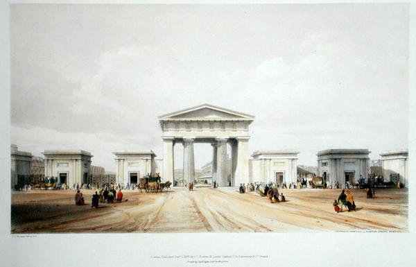 Bejárati portikusz, Euston Grove Station, John Britton „Drawings of the London and Birmingham Railway”, 1838-ban megjelent (színes litó) alkotó: John Cooke Bourne