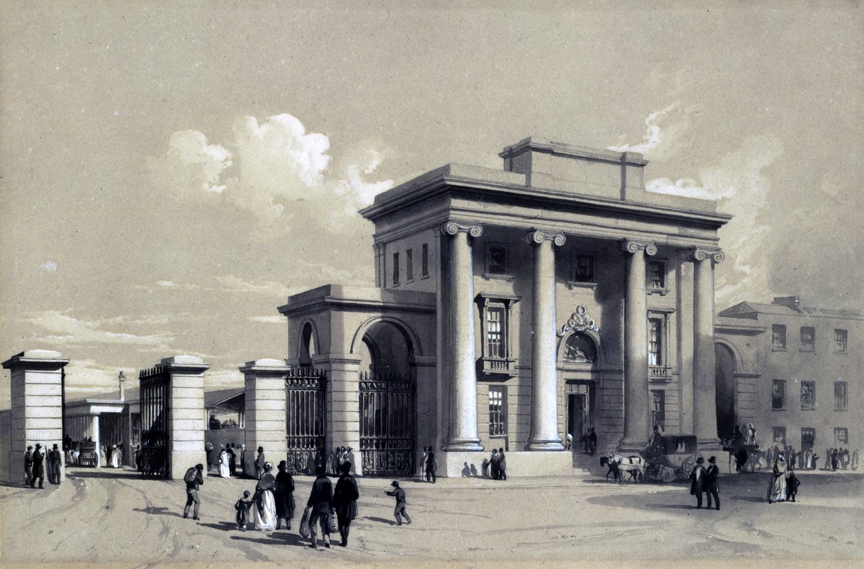 A birminghami pályaudvar bejárata, 1838. szeptember (toll, tinta és mosás papíron) alkotó: John Cooke Bourne