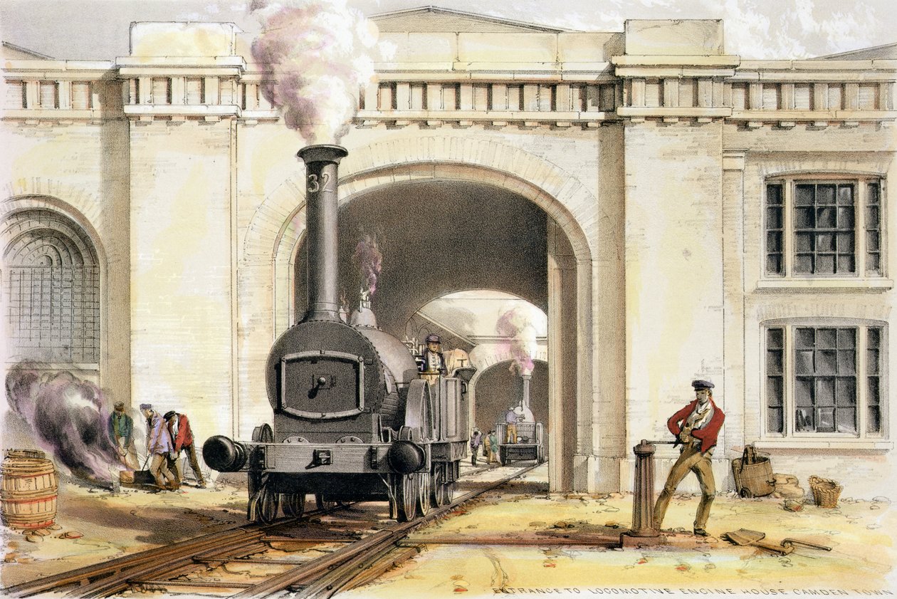 A Camden Town-i Locomotive Engine House bejárata, a művész metszetével, 1839 alkotó: John Cooke Bourne