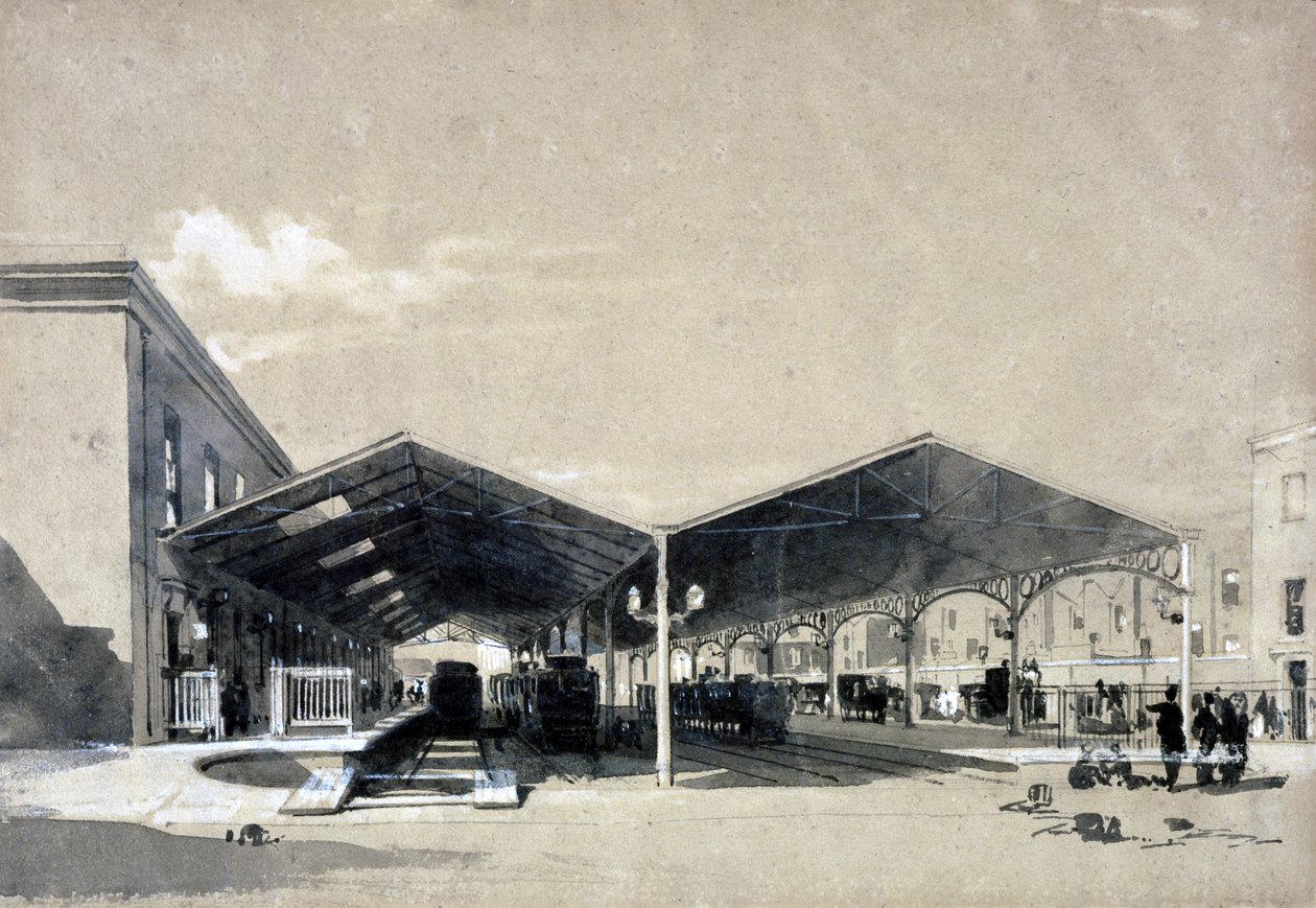 Euston állomás belseje, 1837. május (toll és tinta, mosás papíron) alkotó: John Cooke Bourne
