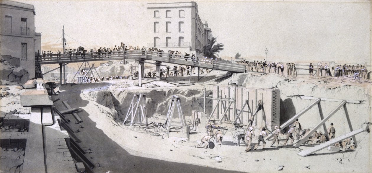 Granby Street, Hampstead Road, 1836. augusztus 13. (toll, tinta és mosás papíron) alkotó: John Cooke Bourne
