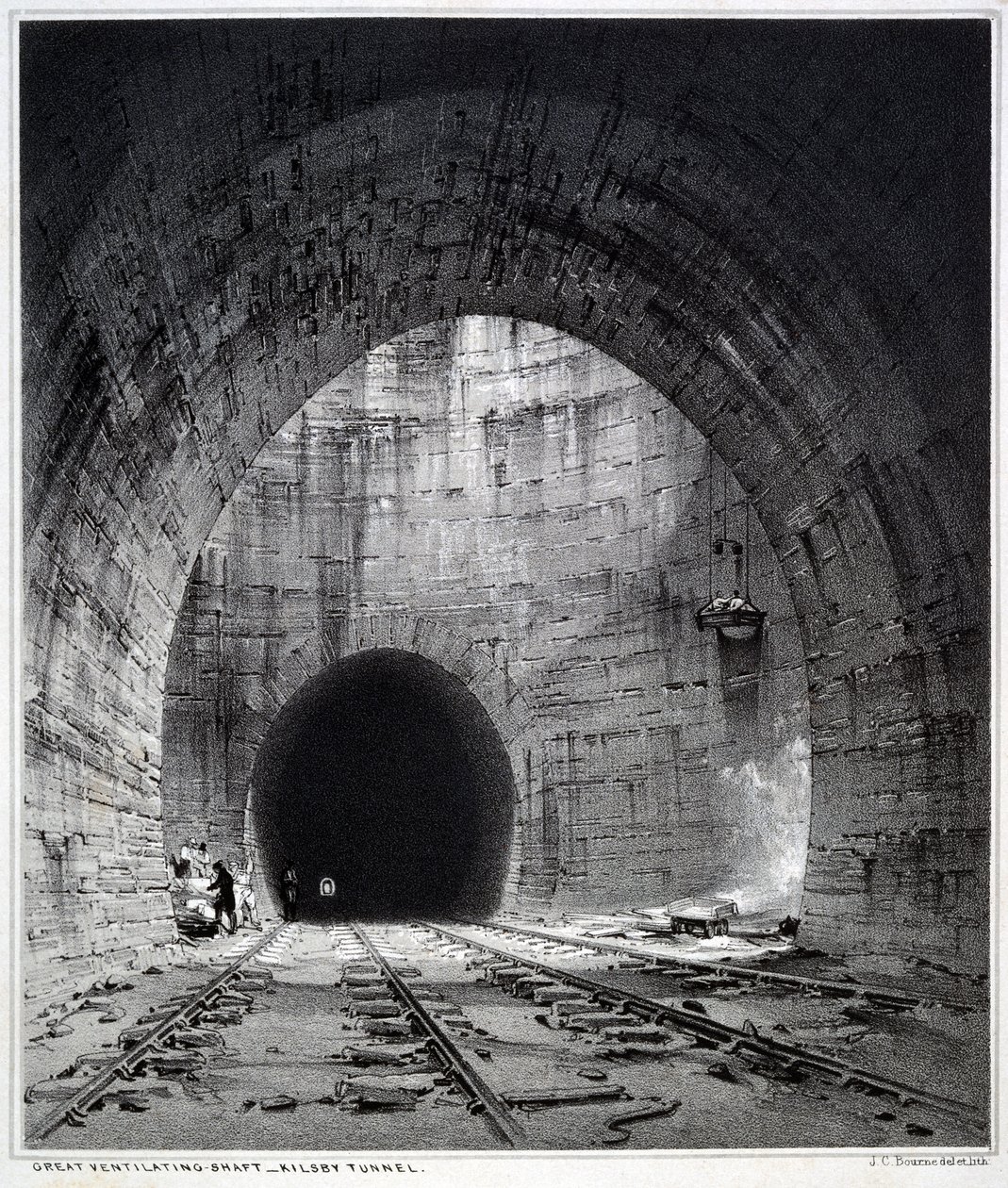 Nagy szellőzőakna, Kilsby Tunnel, Northamptonshire, 1838 (toll és tinta, mosás papíron) alkotó: John Cooke Bourne