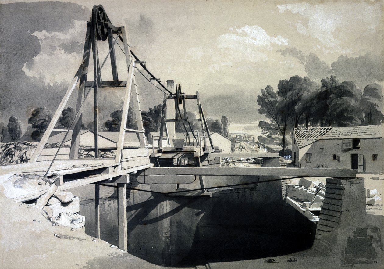 Nagyszerű szellőzőszár és fejfedő, Kilsby Tunnel, 1837. július 15. (toll, tinta és mosás papíron) alkotó: John Cooke Bourne