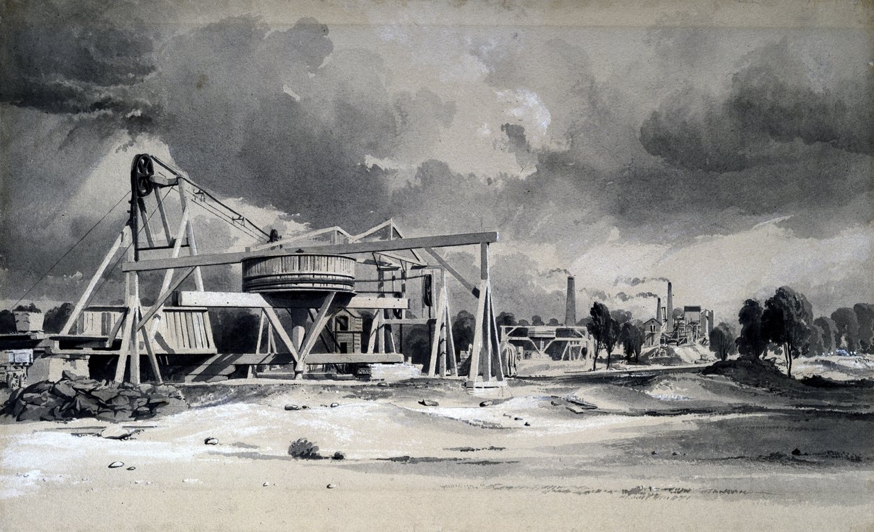 Fejfedők és szivattyúk a Kilsby Tunnelben, Northamptonshire-ben, 1837. július 16. (toll és tinta és mosás papíron) alkotó: John Cooke Bourne