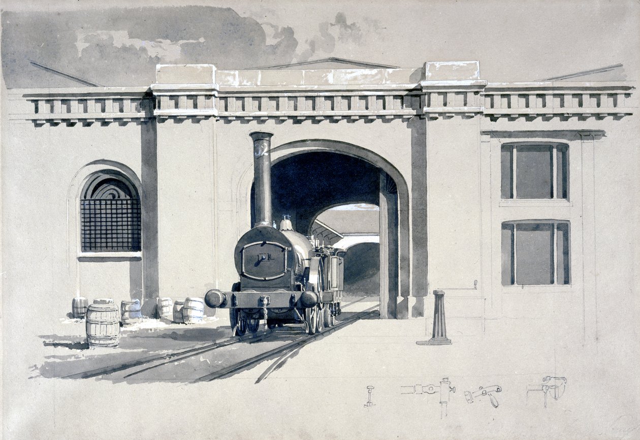Locomotive Engine House, Camden Town, 1839 (toll, tinta és mosás papíron) alkotó: John Cooke Bourne
