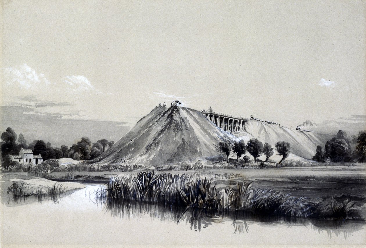A töltés elkészítése Wolvertonban, 1837. június 29. (toll és tinta, valamint papírra mosás) alkotó: John Cooke Bourne