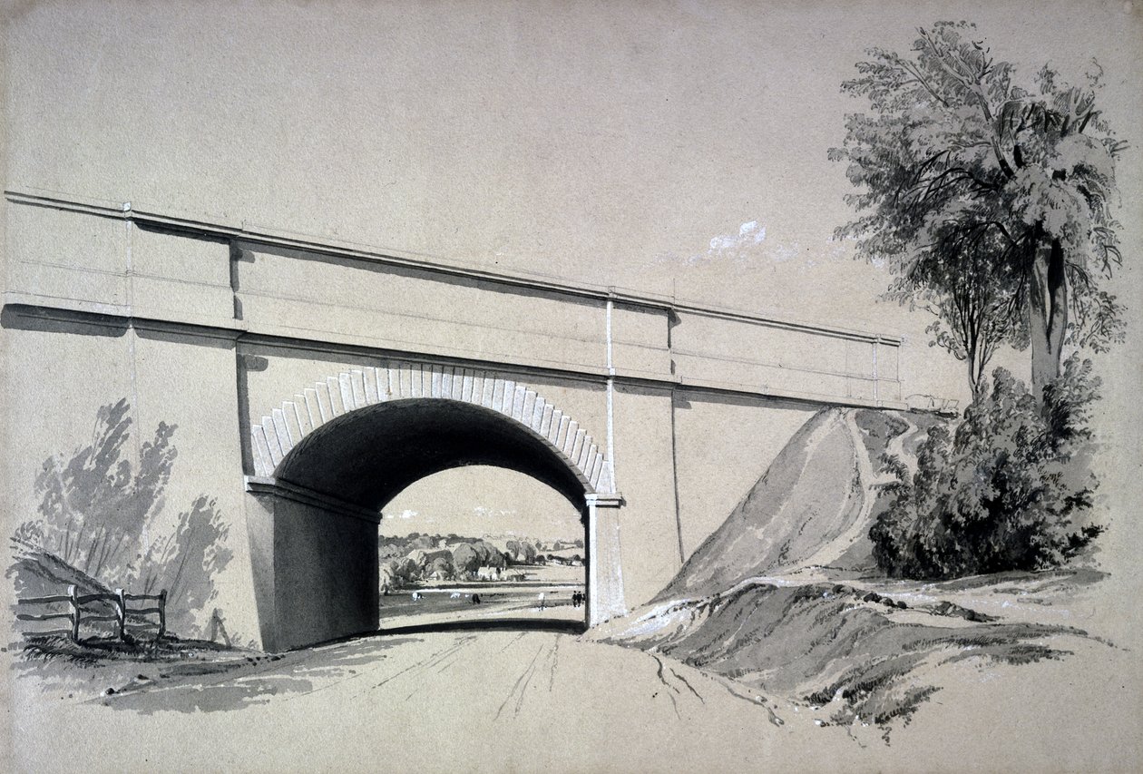 Oblique Bridge, Boxmoor, Hertfordshire, 1837. június 12. (toll és tinta és mosás papíron) alkotó: John Cooke Bourne
