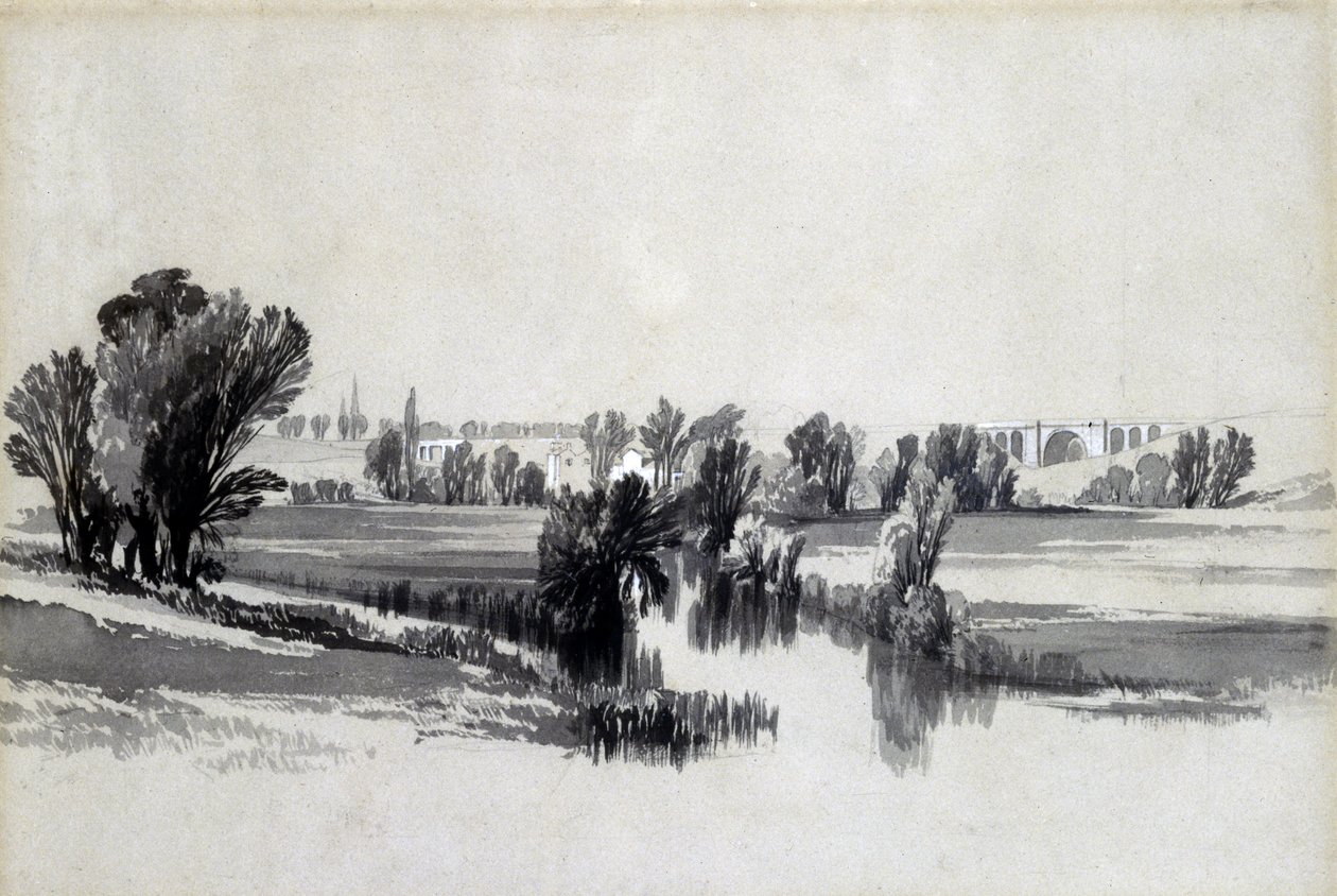 Sowe folyó, Coventry közelében, 1839. május (toll és tinta, valamint papírra mosás) alkotó: John Cooke Bourne