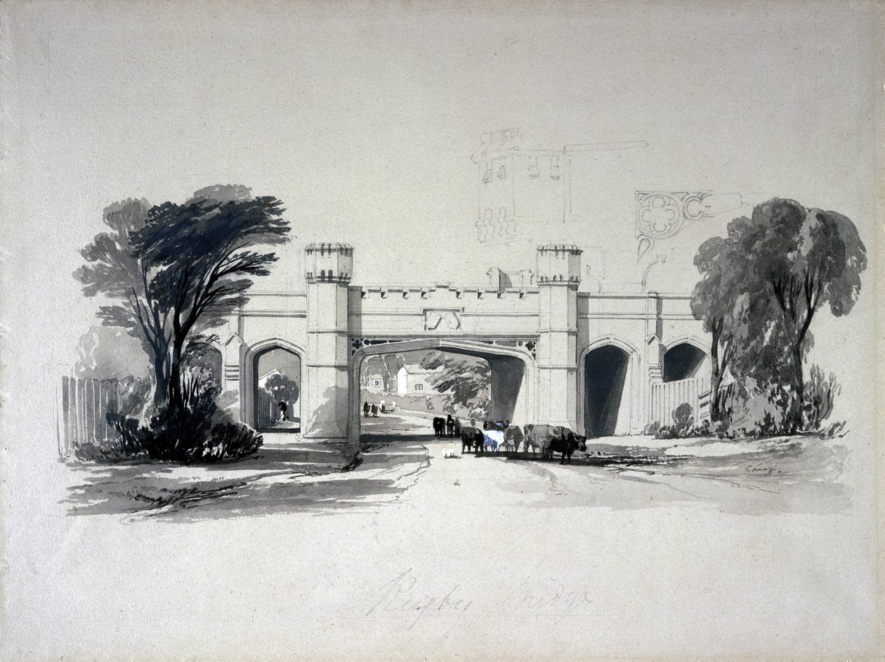 Rögbi vasúti hidak az útról nézve, Warwickshire, 1839. április (toll, tinta és mosás papíron) alkotó: John Cooke Bourne
