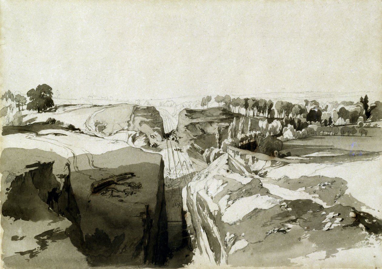 Kilátás az alagút tetejéről, Linslade, Buckinghamshire, 1837. október 12. (toll, tinta és mosás papíron) alkotó: John Cooke Bourne