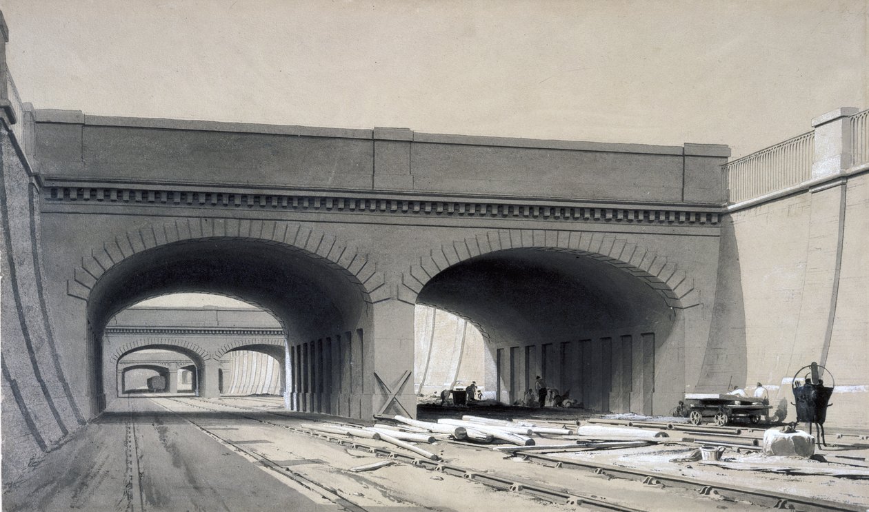 Kilátás az Euston állomás közelében, három túlhíddal, 1837. szeptember (toll és tinta, valamint papírra mosás) alkotó: John Cooke Bourne