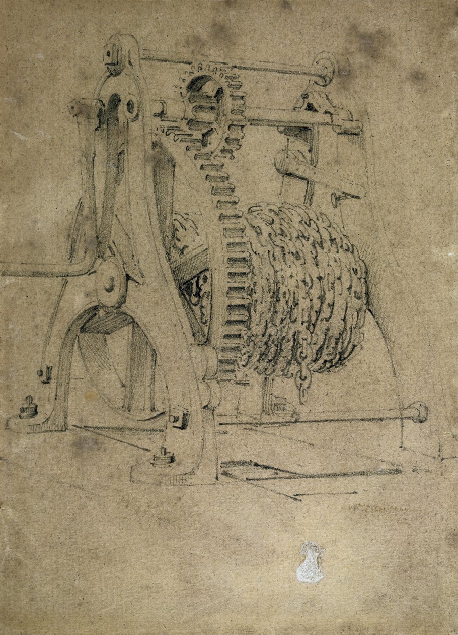 Csörlő vagy rák mechanizmus láncok tekercseléséhez, 1830-as évek (toll és tinta és mosás papíron) alkotó: John Cooke Bourne