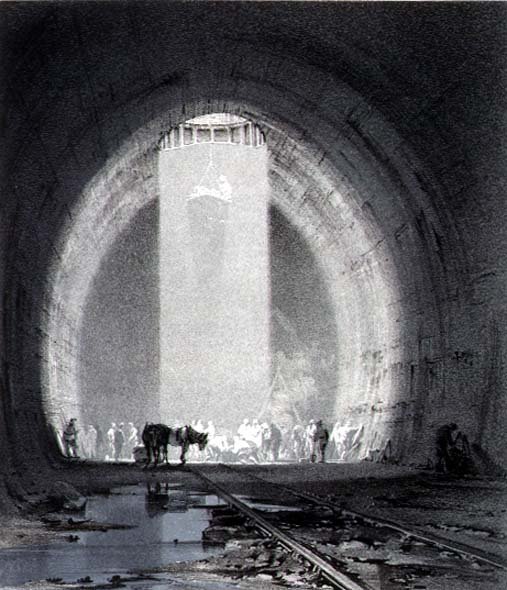 Working Shaft, Kilsby Tunnel, 1837. július 8., metszett a művész alkotó: John Cooke Bourne