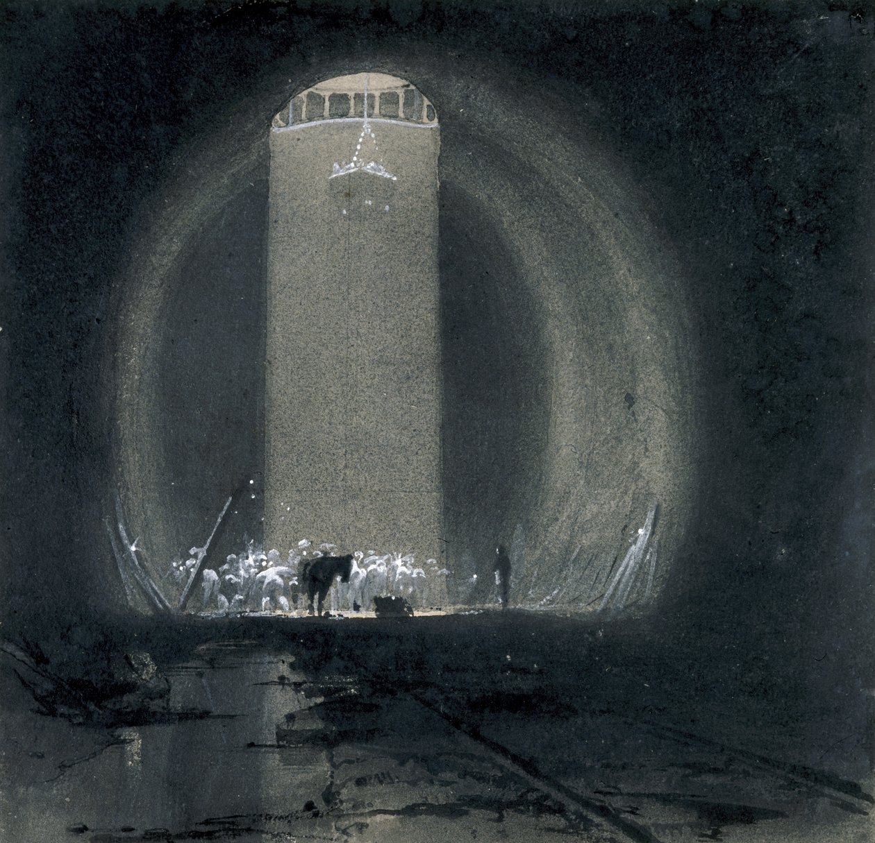 Munkatengely, Kilsby Tunnel, Northamptonshire, 1837. július 8. (toll, tinta és mosás papíron) alkotó: John Cooke Bourne