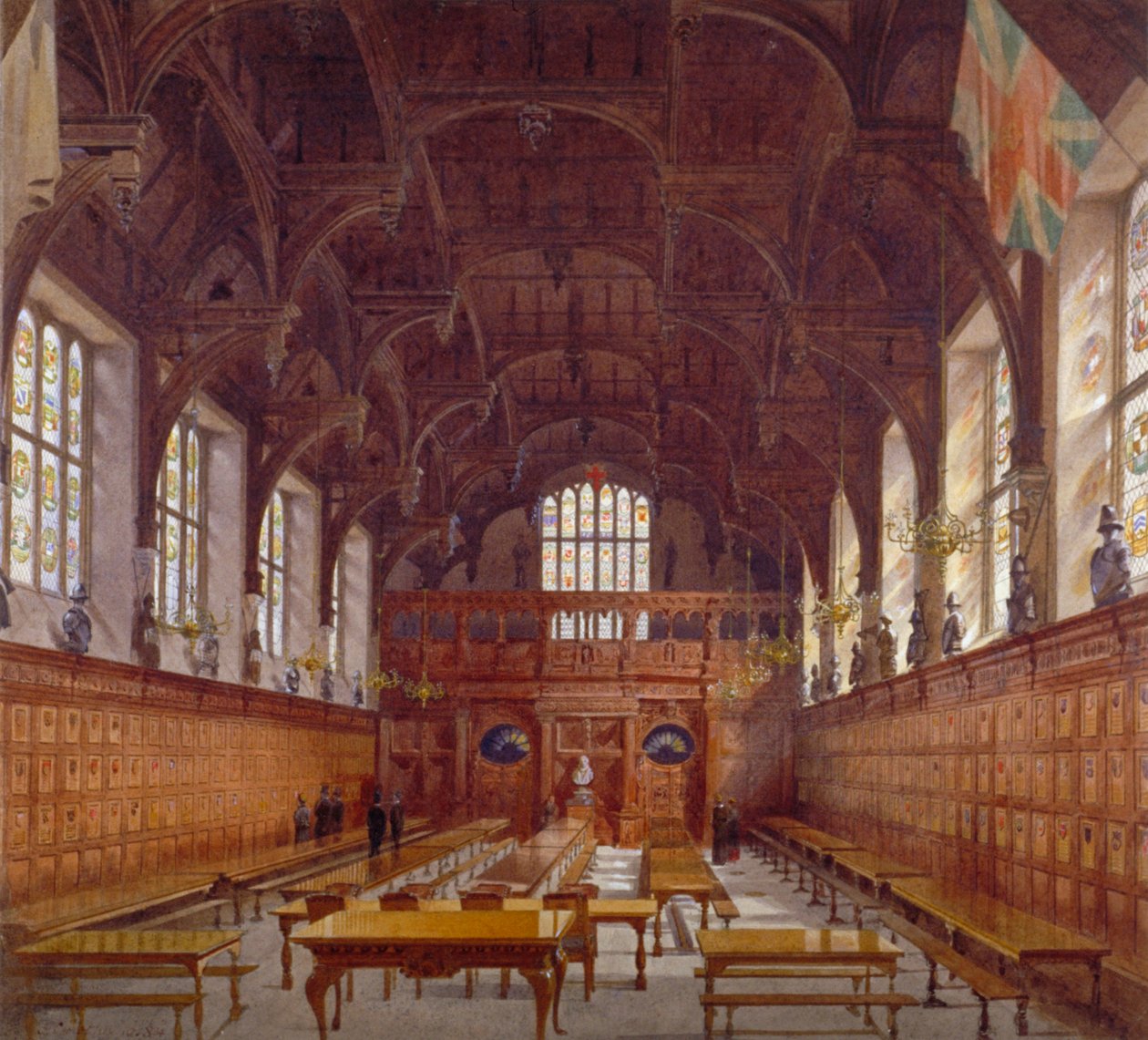 A Middle Temple Hall belső képe a magas asztalról figurákkal, London, 1884 alkotó: John Crowther
