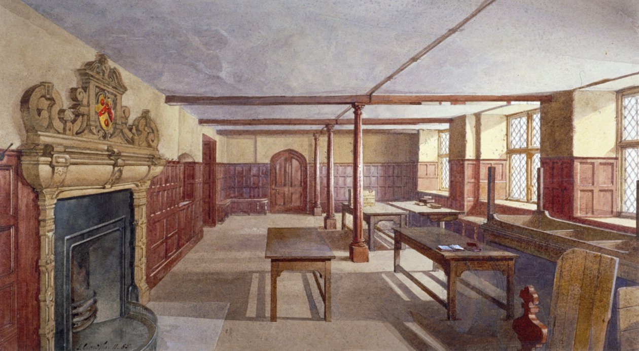 A fiú ebédlőjének belső képe a Charterhouse-ban, London, 1885. alkotó: John Crowther