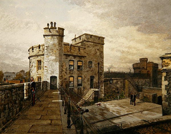 Kilátás a Devereux-toronyra, a londoni Towerre, katonaruhás alakokkal alkotó: John Crowther