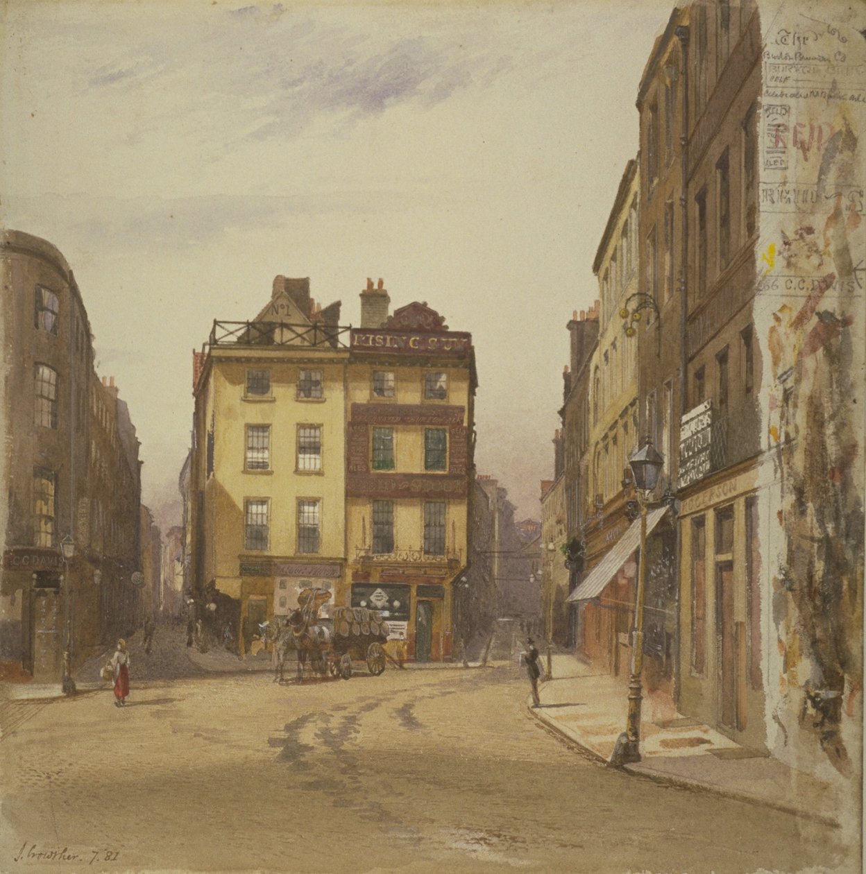 A Westminster Wych Street és Holywell Street látképe a Rising Sun Tavernával, 1881 (wc, papír) alkotó: John Crowther