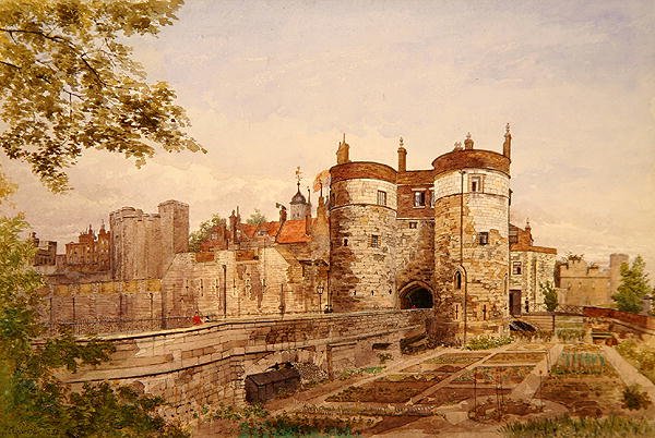 A londoni Tower látképe, rajta a Byward Tower, a Beauchamp Tower, a Devereux Tower és a St. Thomas Tower. alkotó: John Crowther