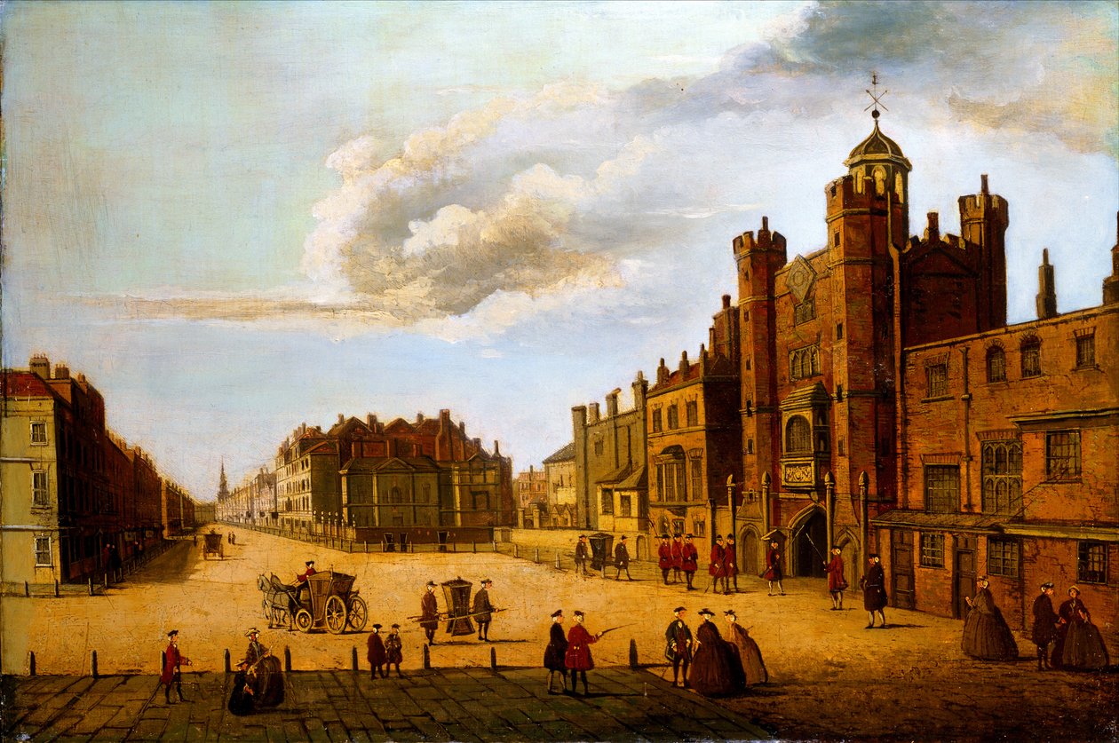 Kilátás a Pall Mall bevásárlóközpontból a St. James palotából (olaj, vászon) alkotó: John Dean Paul