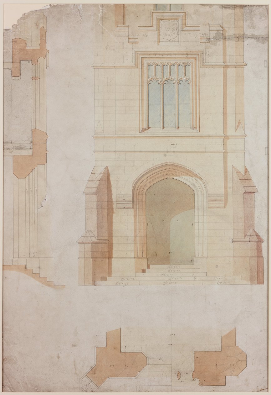Holme Eden főbejáratának magassága, metszete és terve (toll és tinta és mosás (kék és barna és sárga) papíron (papíron)) alkotó: John Dobson