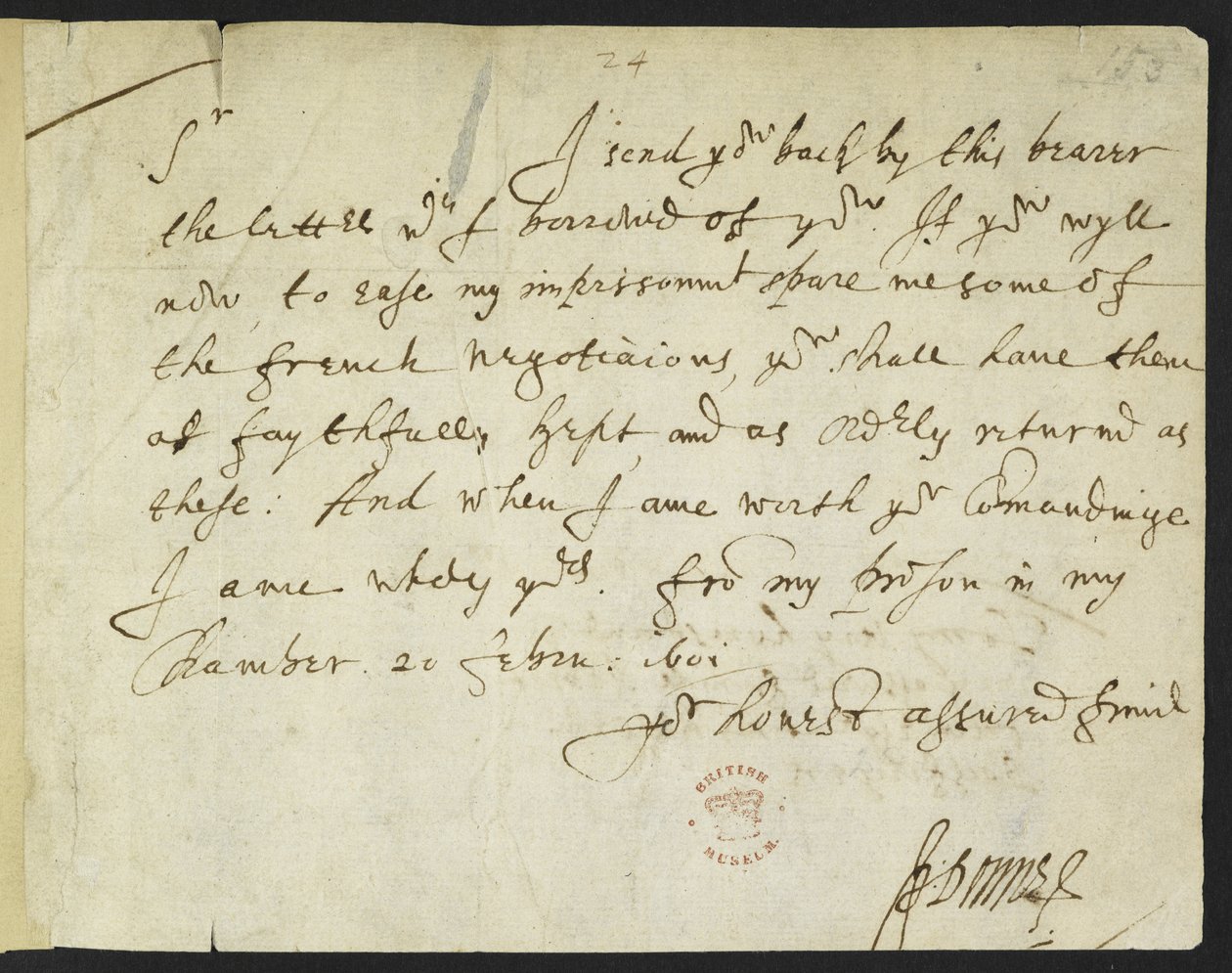 Cotton Julius C. III, f.153 John Donne autográf levele Sir Robert Cottonnak, börtönből írva, 1601. február 20. (tintával papíron) alkotó: John Donne
